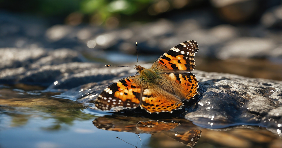 La mariposa Vanessa cardui con alas firmes y aterizando en una flor